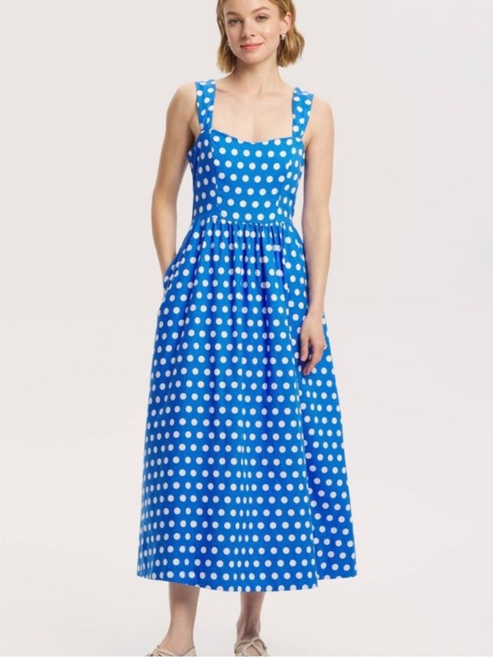 A New Day Blue Polka Dot Maxi Dress with Square Neck and smocking on back
